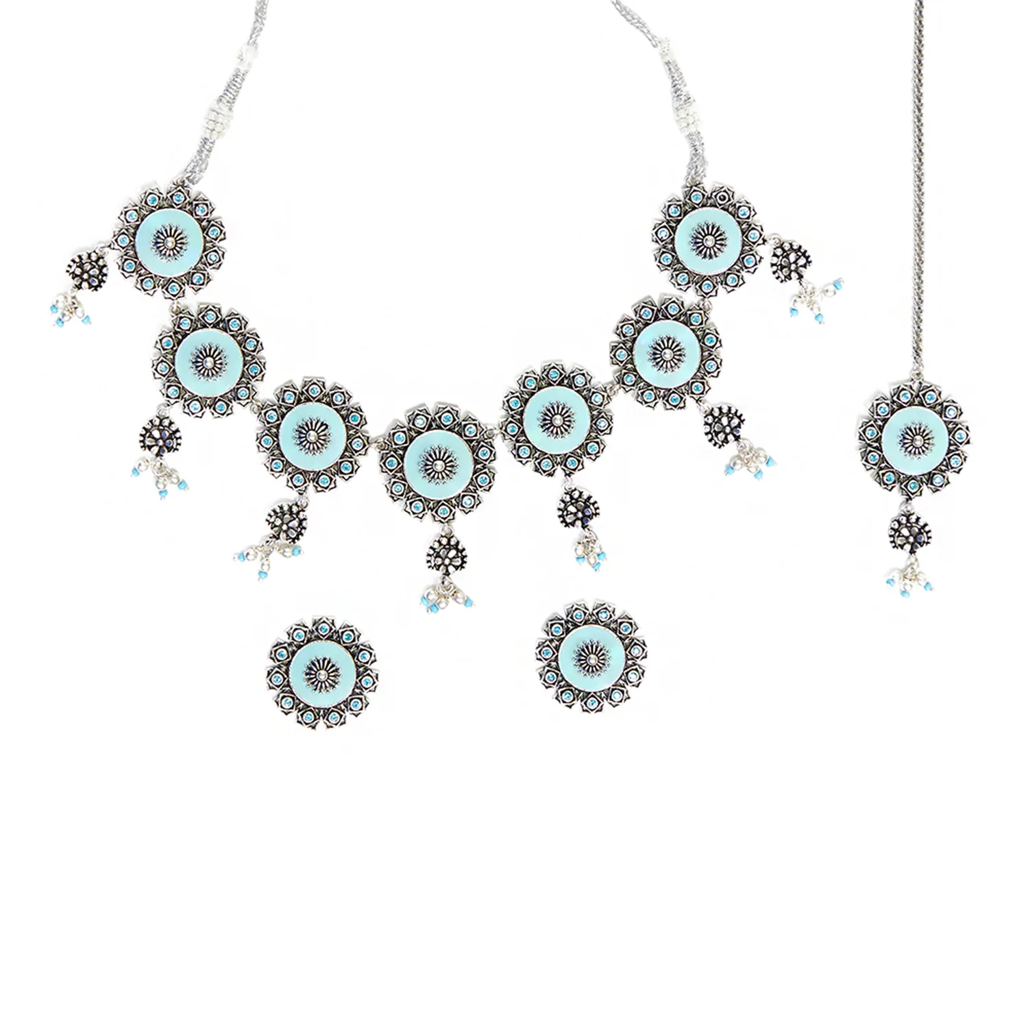Arabian Nights Blue Enamel Brass Oxidised Plated Maang Tika Set - Image 4