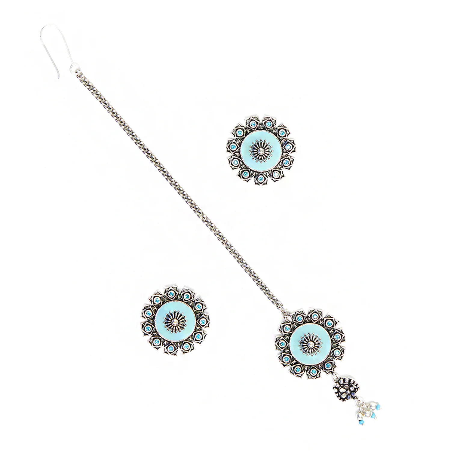 Arabian Nights Blue Enamel Brass Oxidised Plated Maang Tika Set - Image 5