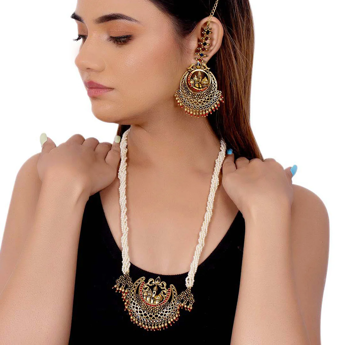 Arabian Nights Crescent Moon Antique Gold Necklace Set - Image 2