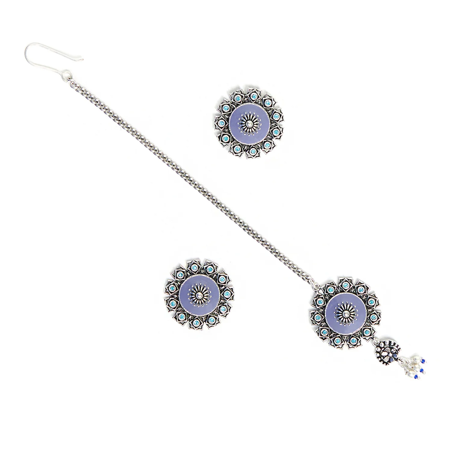 Arabian Nights Floral Motifs Faux Pearls Brass Oxidised Plated Maang Tika Set - Image 5