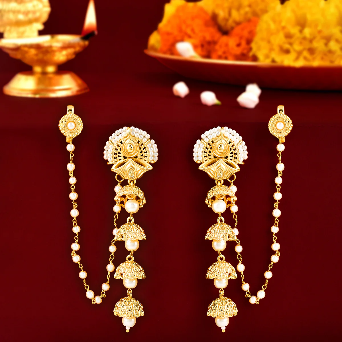 Aradhana Roshini Long Drop Jhumka With Ear Chain - Image 2