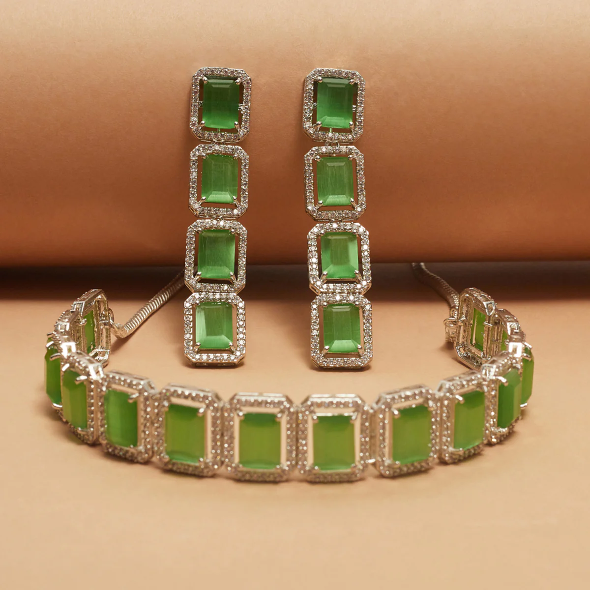 Baguette Cut Zircons Embellished White Toned Brass Jewellery Set