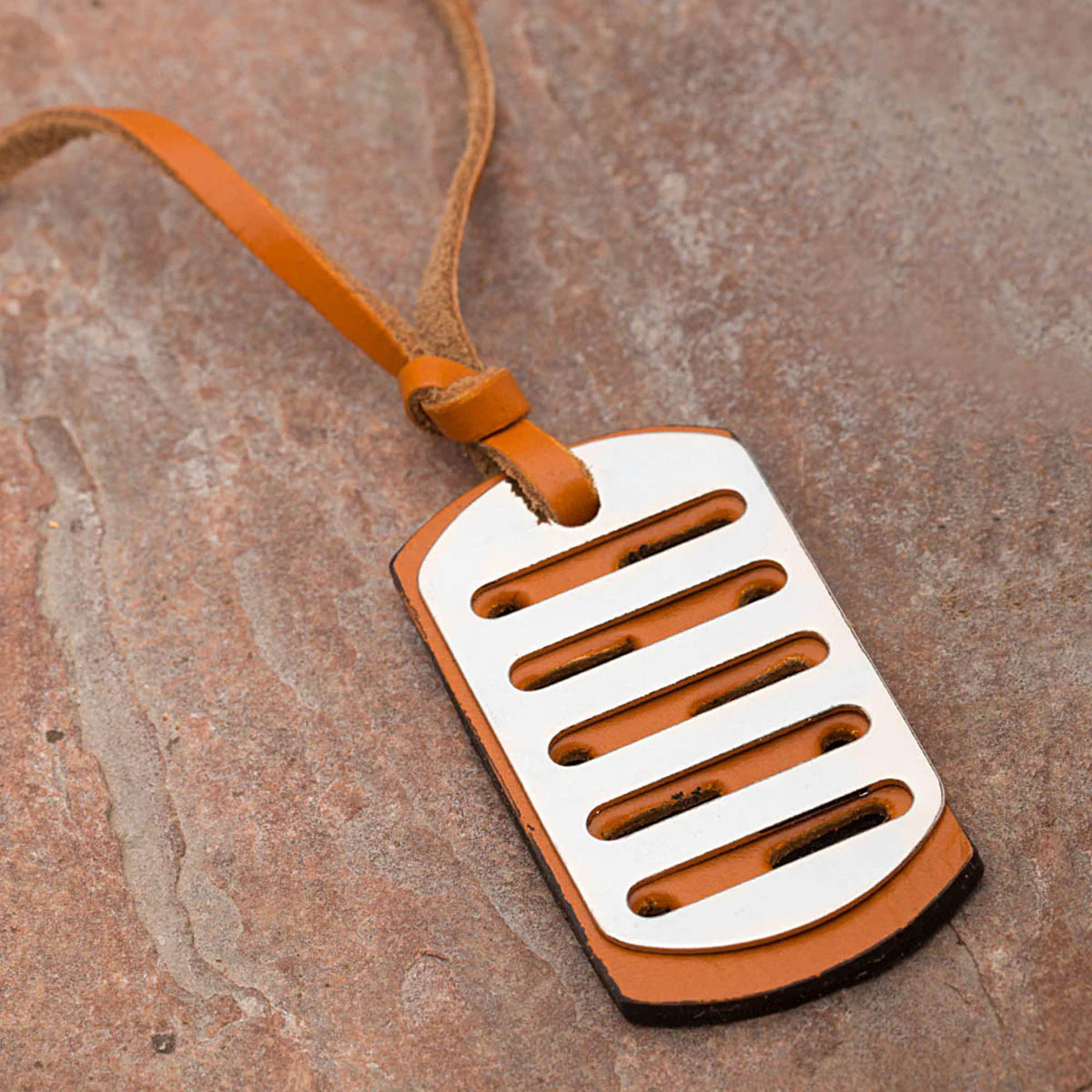 Bar Detailing Pendant With Brown Leather Chain For Men