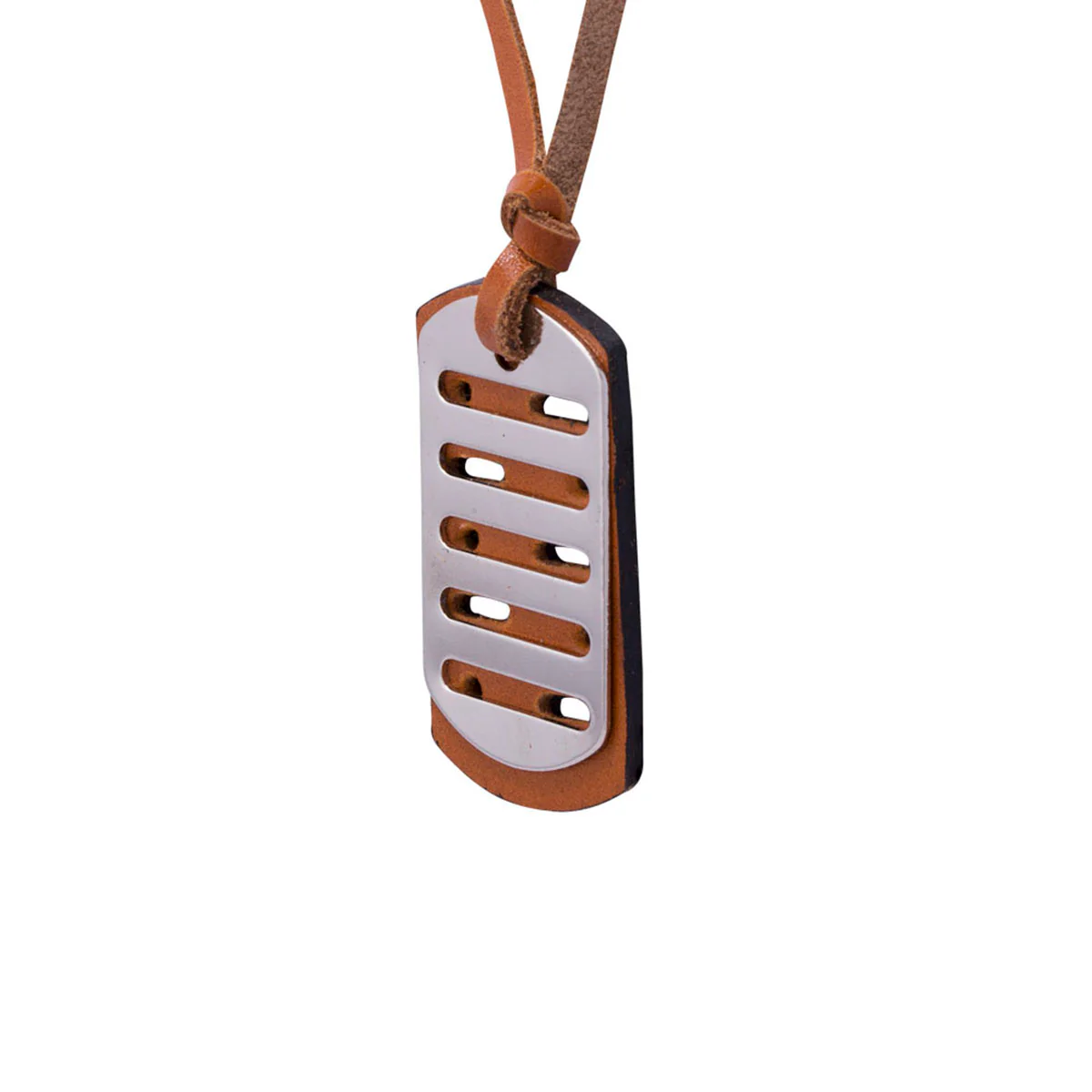 Bar Detailing Pendant With Brown Leather Chain For Men - Image 3