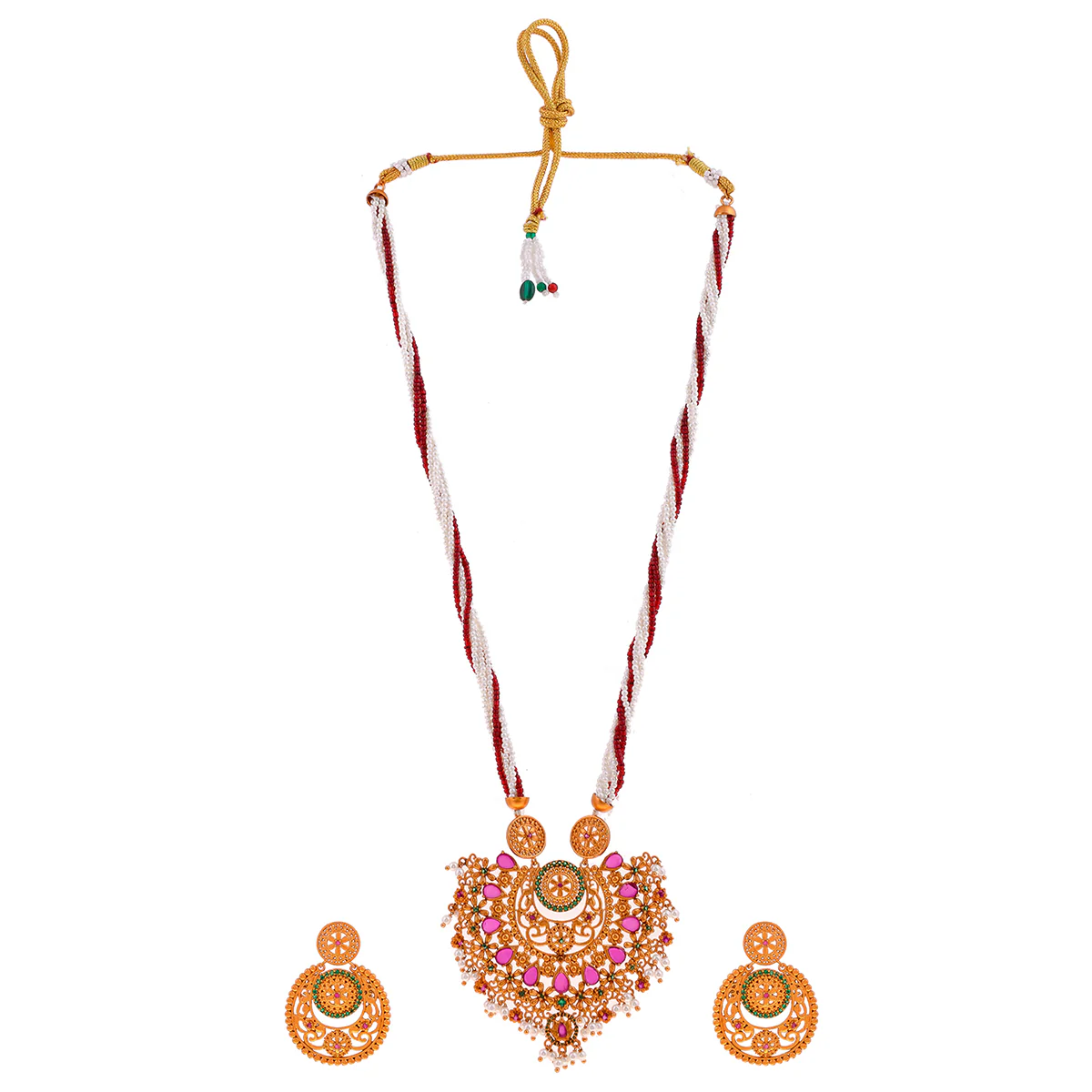 Bela Red And White Pearl Adorned Necklace Set - Image 3