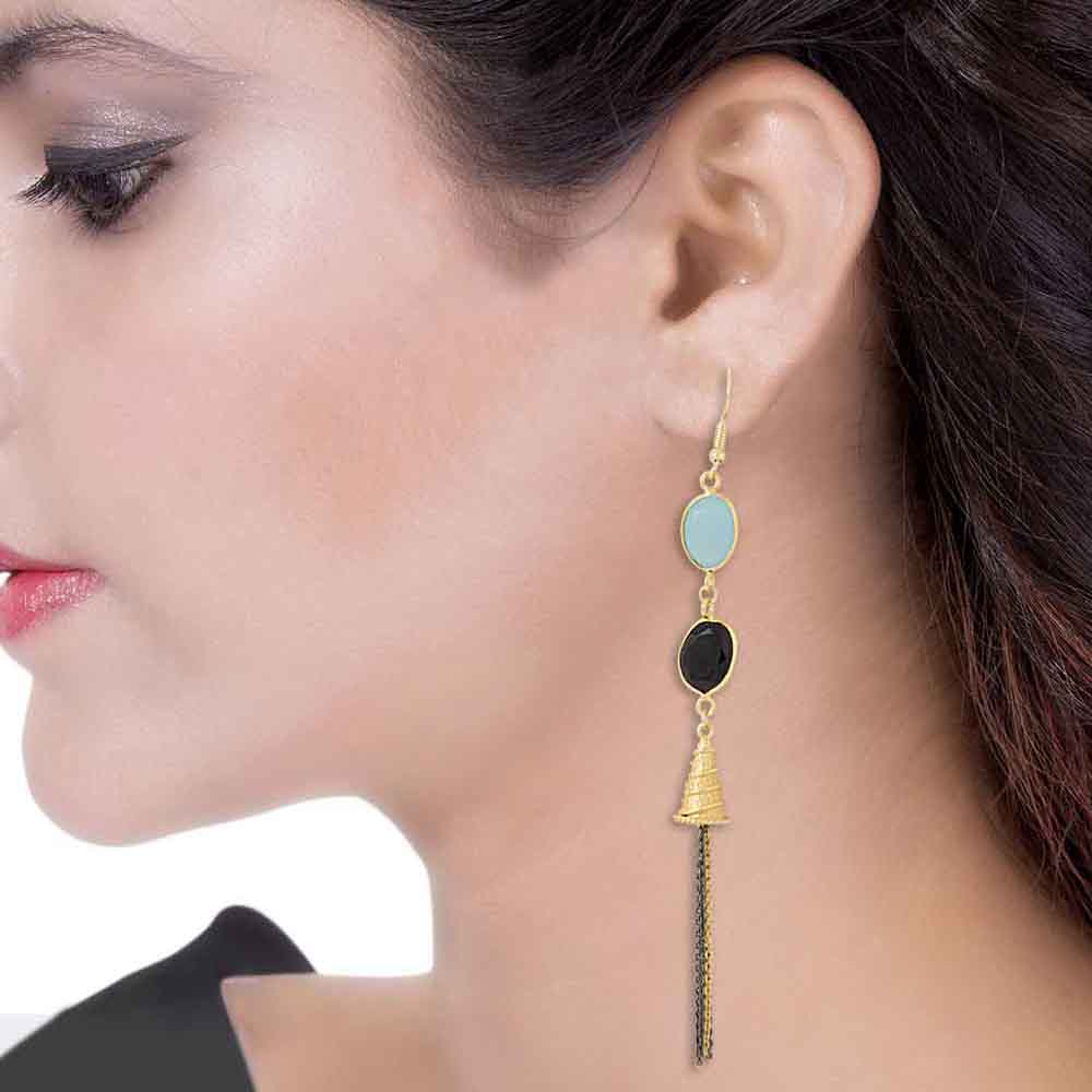 Bell Themed Golden Earrings with Onyx and Aquamarine - Image 2