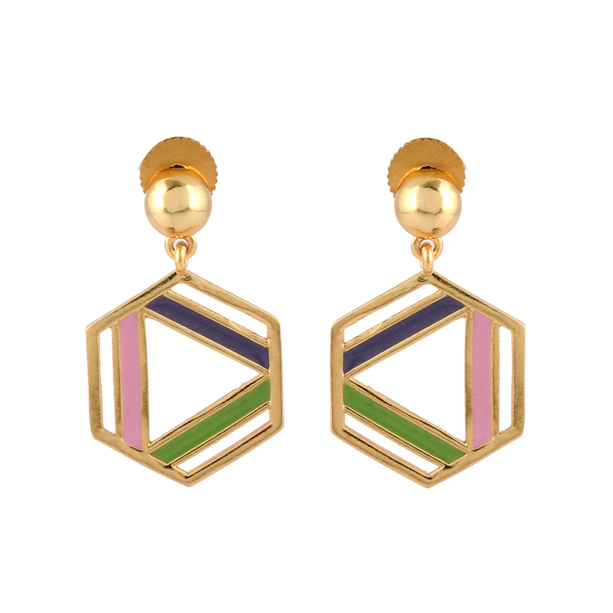 Benzene Gold Enamelled Hexagon Drop Earrings - Image 3