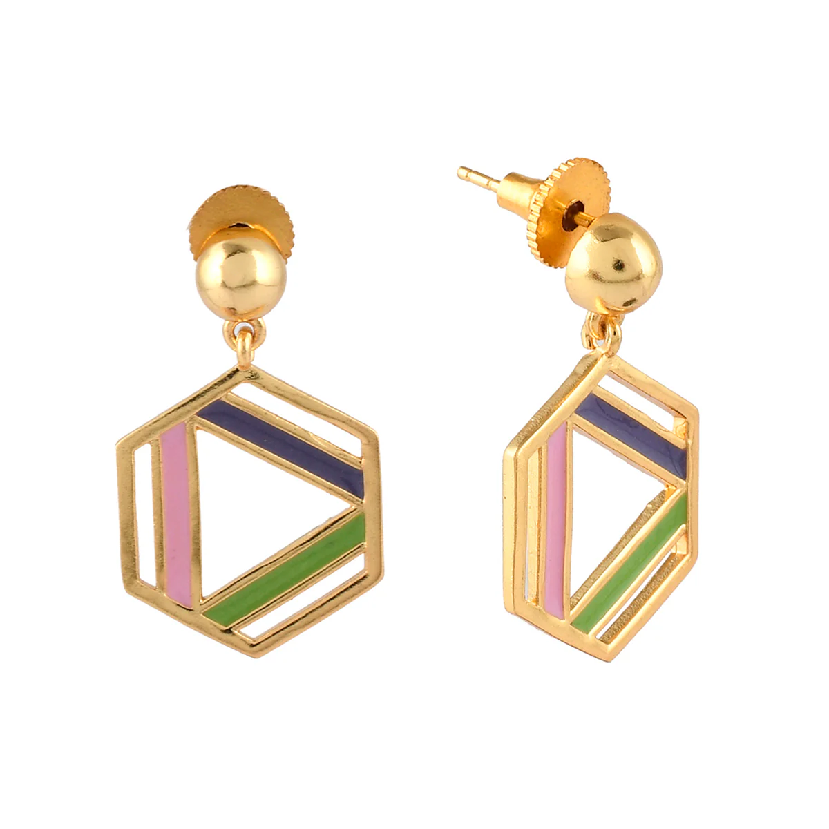 Benzene Gold Enamelled Hexagon Drop Earrings - Image 4