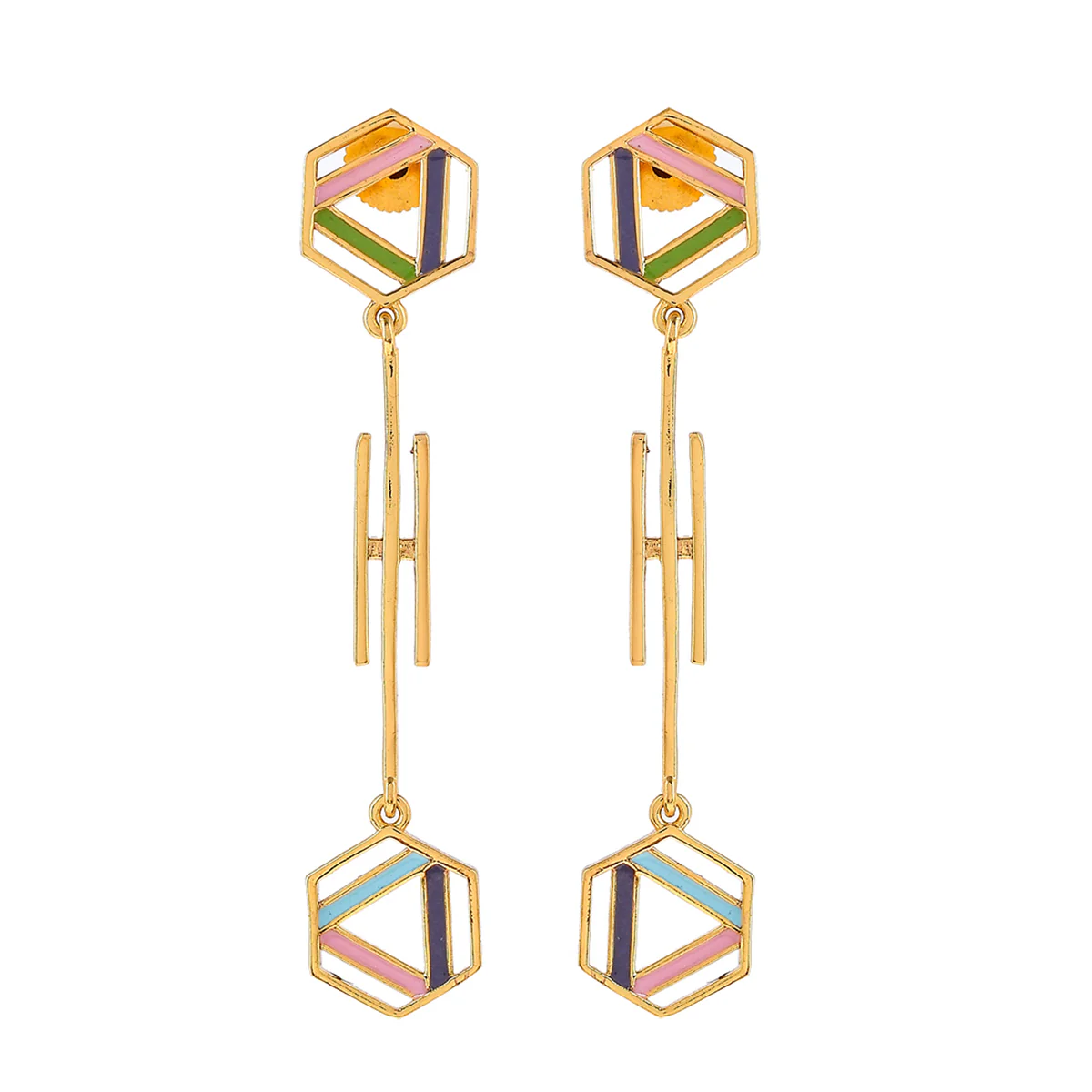 Benzene Gold Geometric Enamelled Long Drop Earrings - Image 3