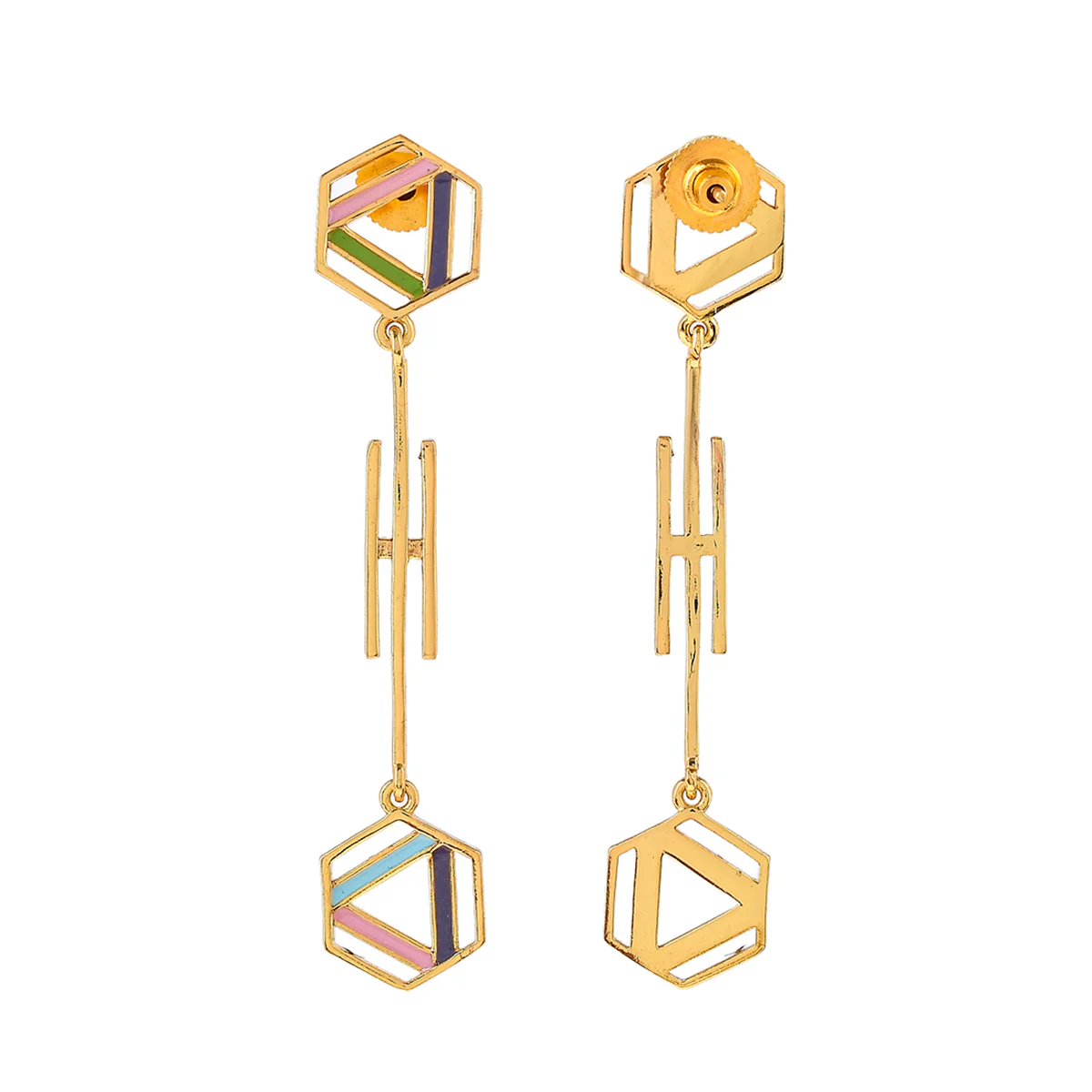 Benzene Gold Geometric Enamelled Long Drop Earrings - Image 5