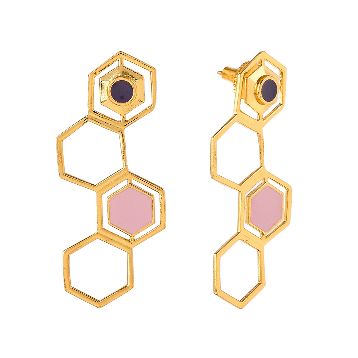 Benzene Gold Plated Hexagon Drop Earrings - Image 4
