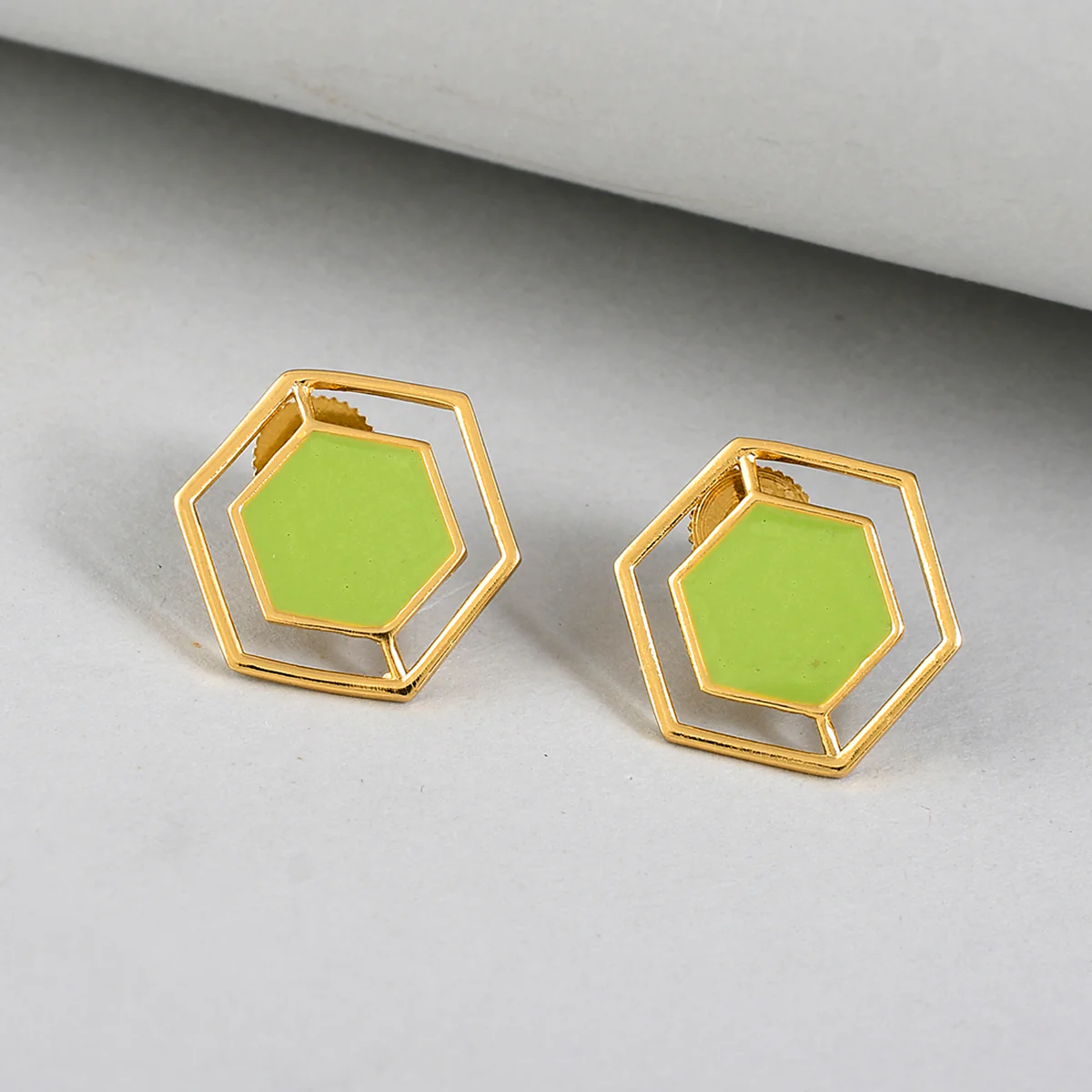 Benzene Gold Green Enamel Hexagon Stud Earrings