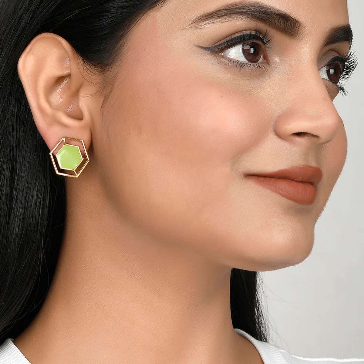 Benzene Gold Green Enamel Hexagon Stud Earrings - Image 2