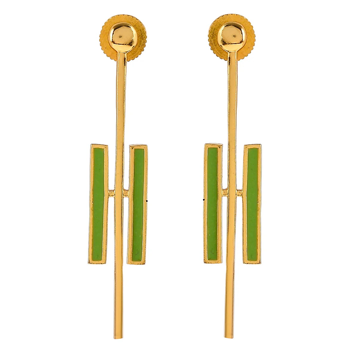 Benzene Gold Green Enamel Long Drop Earrings - Image 3