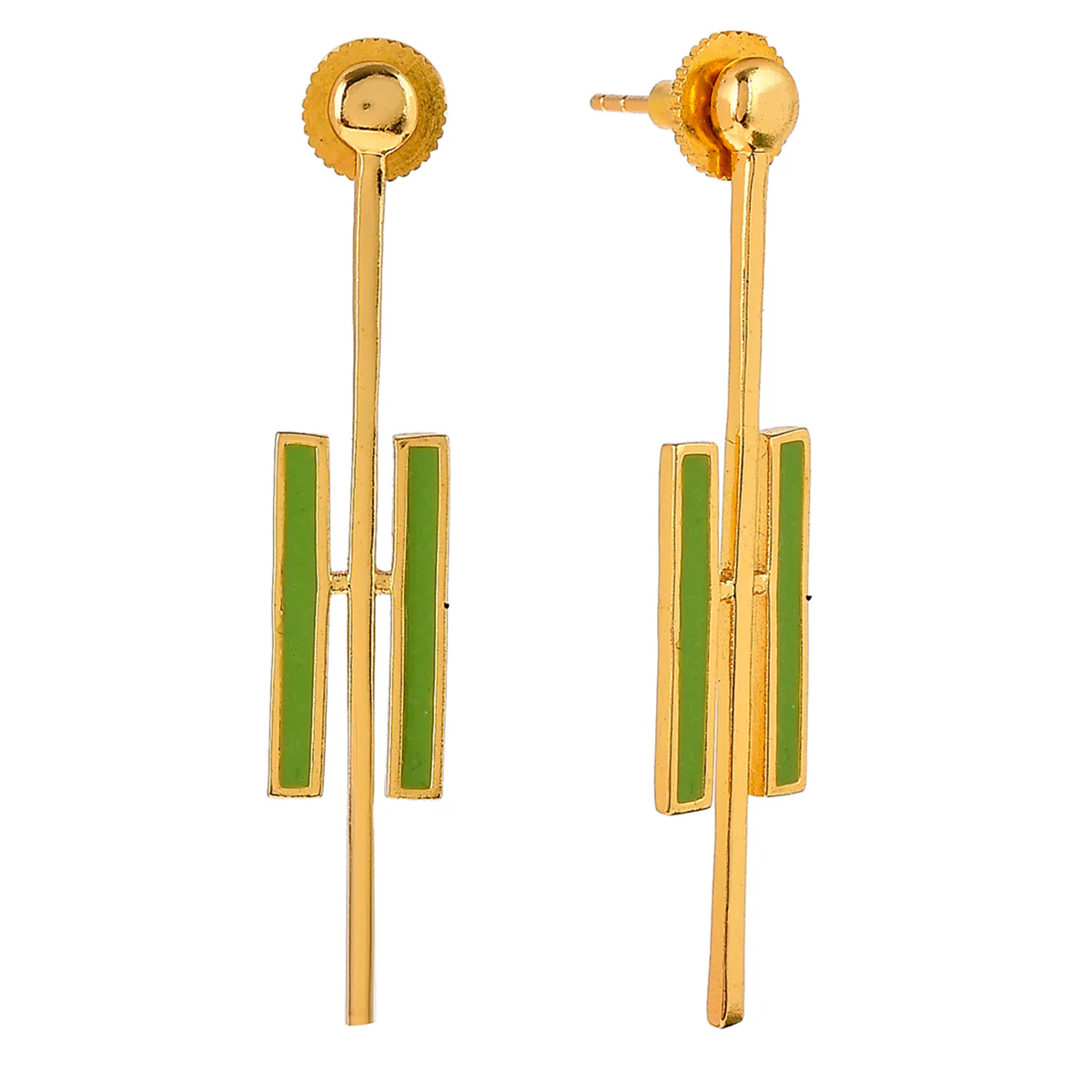 Benzene Gold Green Enamel Long Drop Earrings - Image 4
