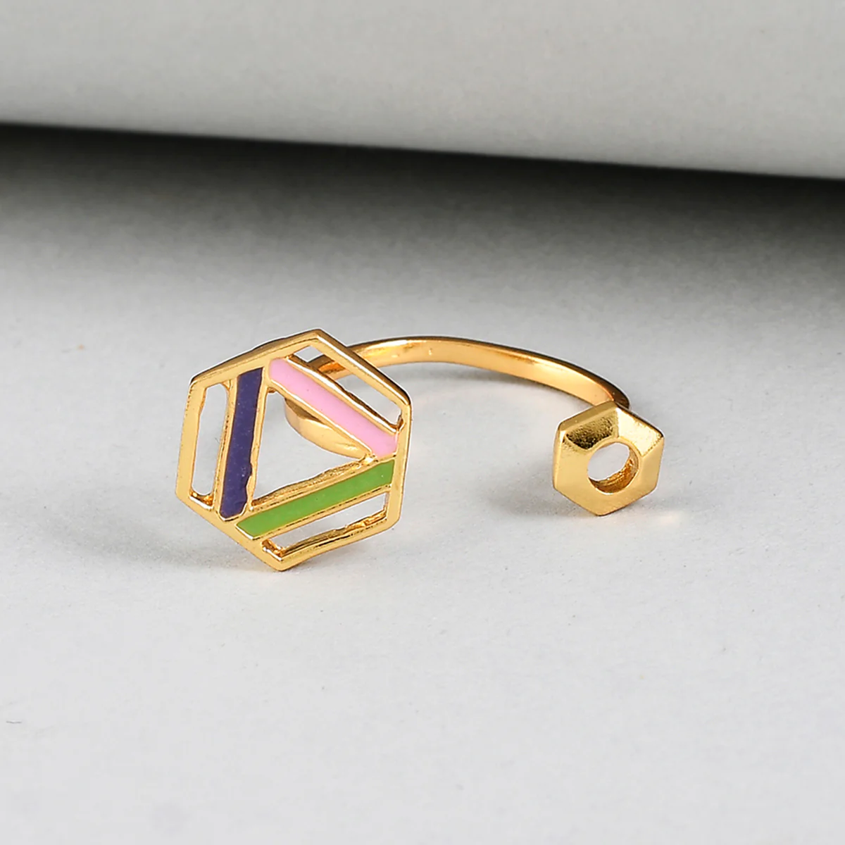 Benzene Gold Hexagon Enamelled Open Ring