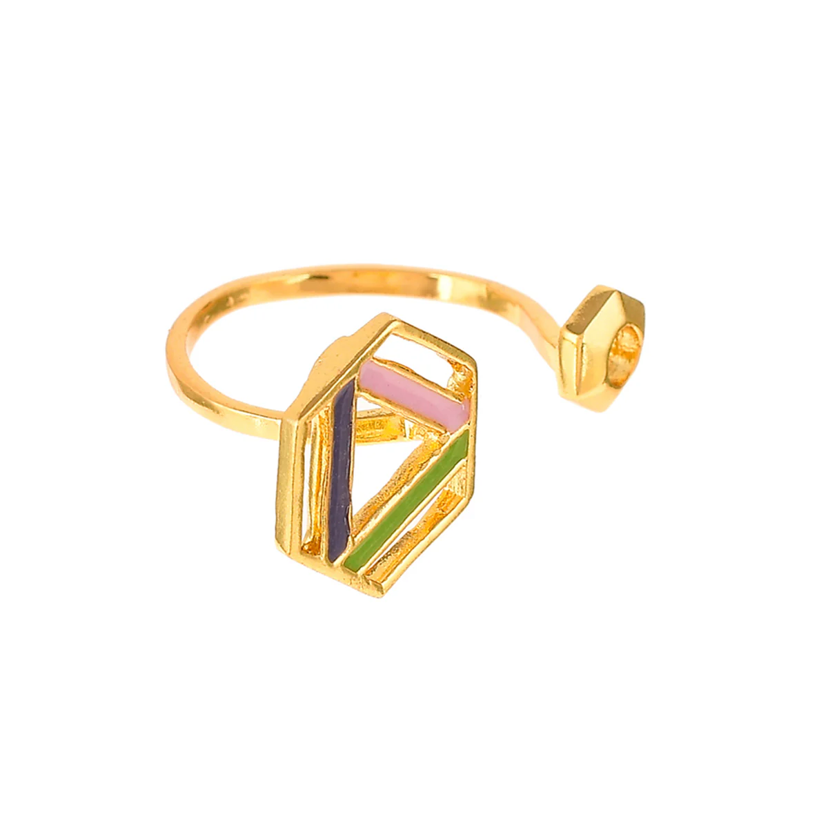 Benzene Gold Hexagon Enamelled Open Ring - Image 4