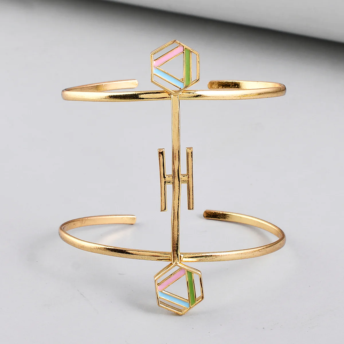 Benzene Gold Hexagons Enamelled Cuff Bracelet
