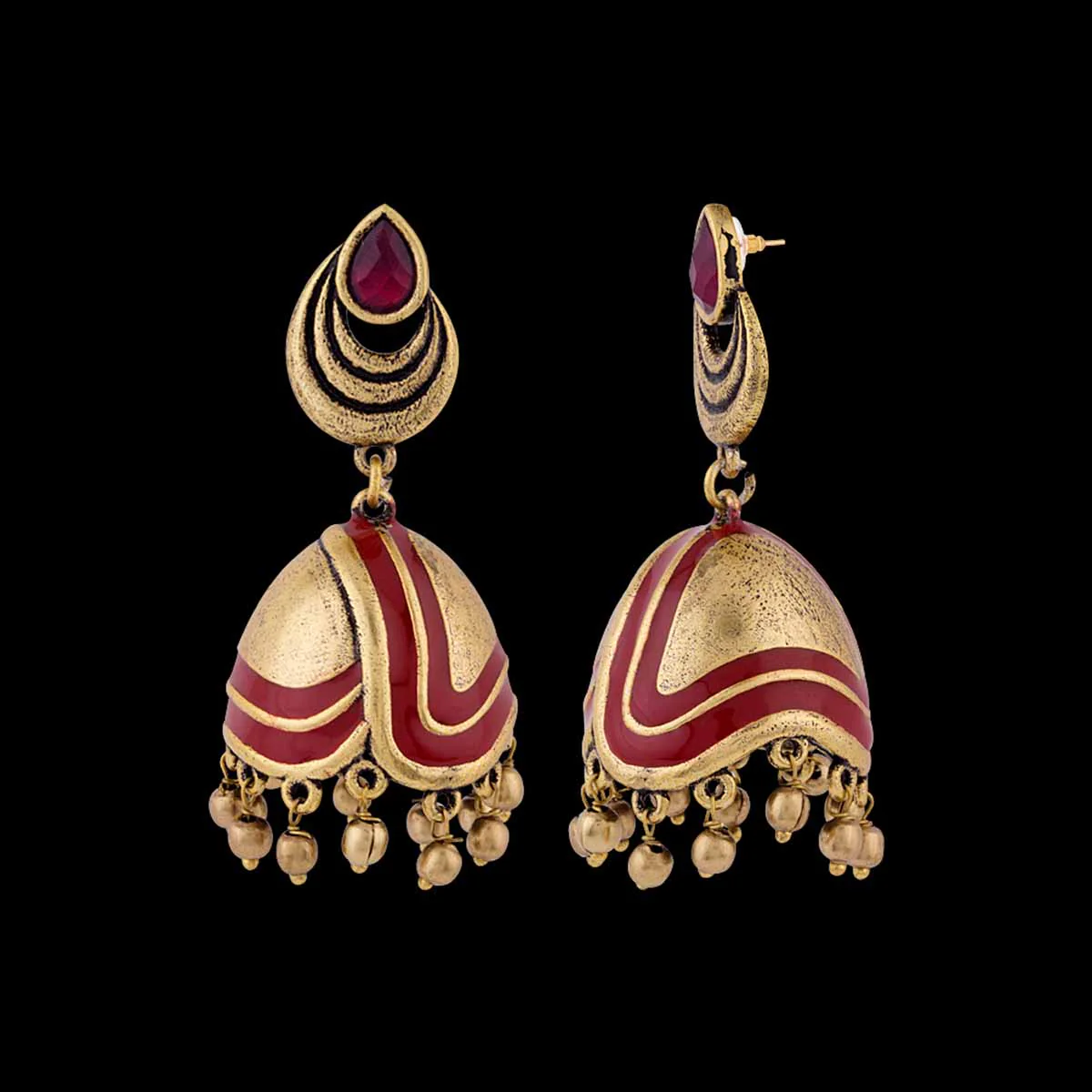 Bharatnatyam Drape Red Enamel Adorned Earrings - Image 4