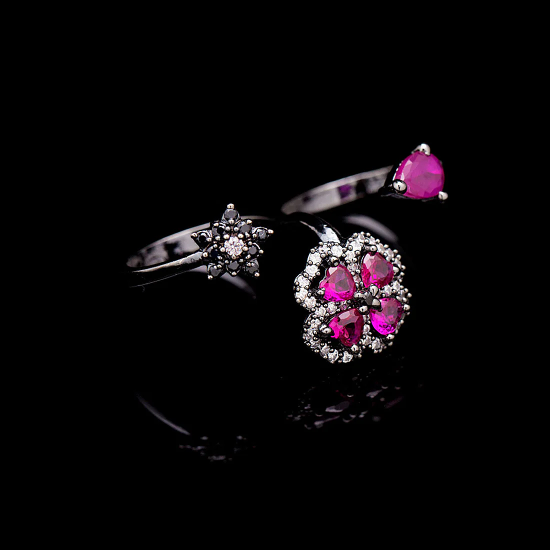 Black CZ Adjustable Flower Ring