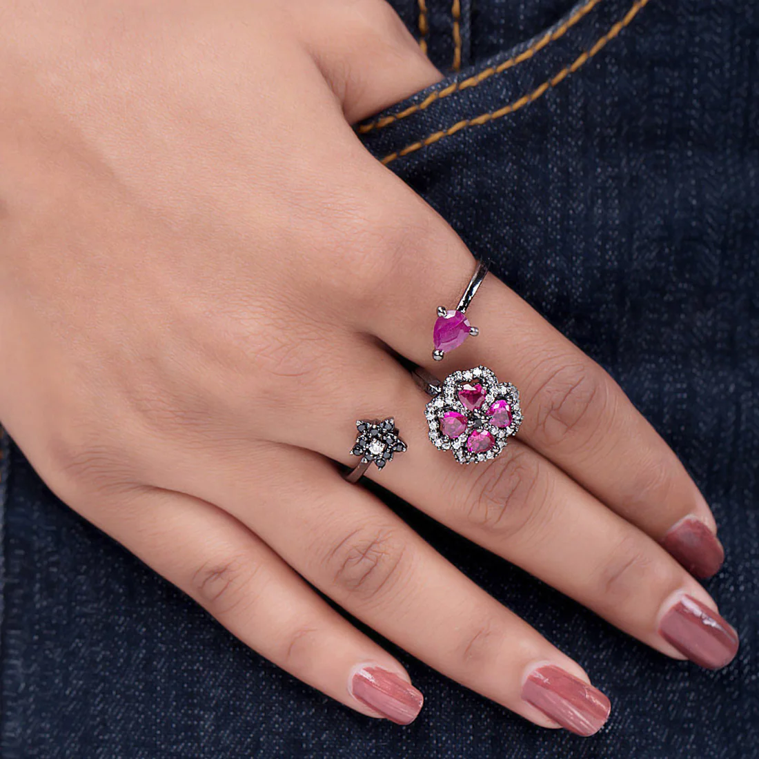 Black CZ Adjustable Flower Ring - Image 2