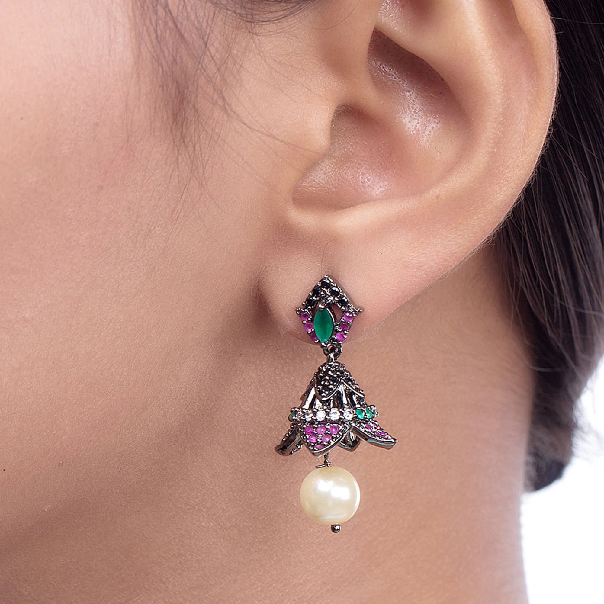 Black CZ Dome Drop Earrings - Image 2