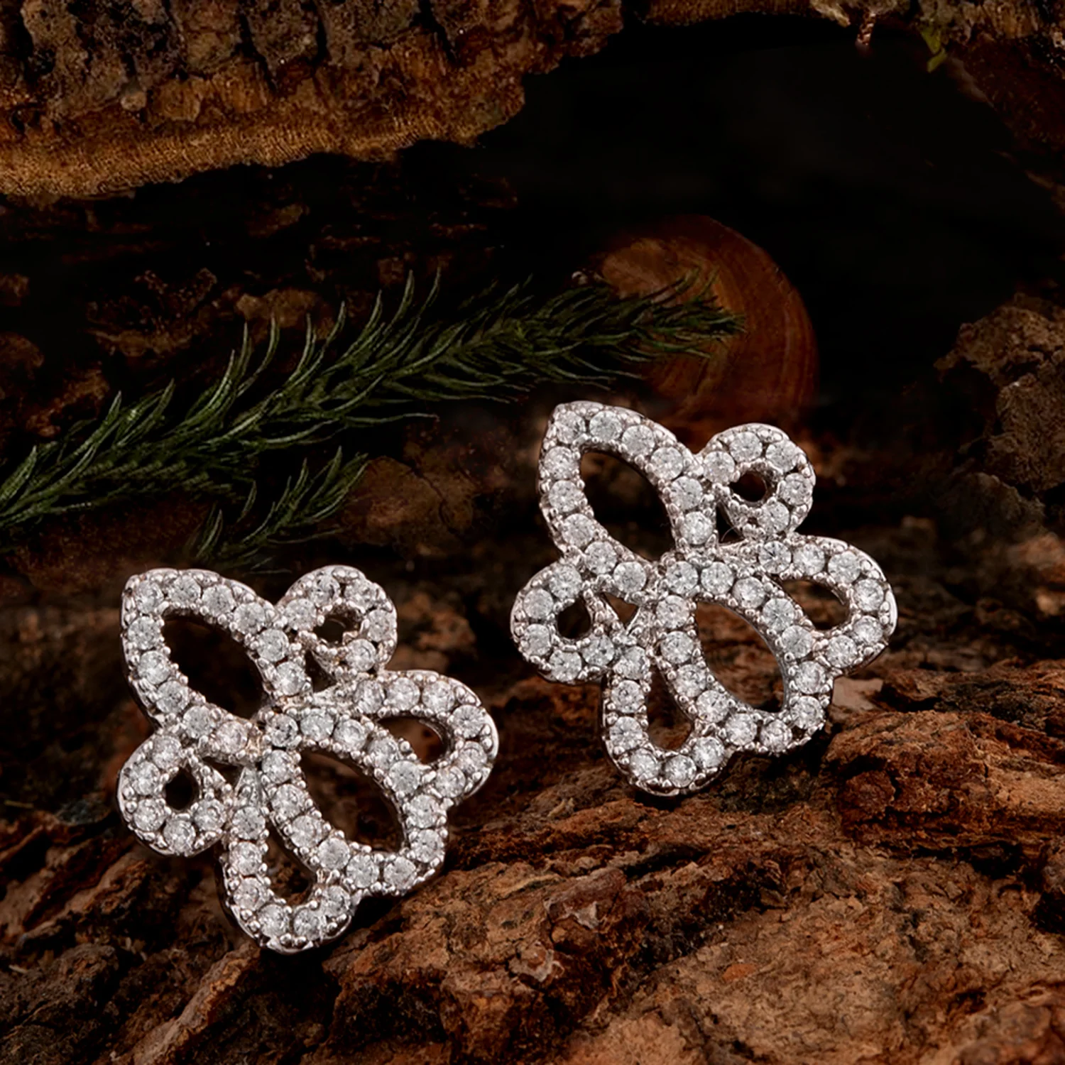 Black CZ Floral Motif Stud Earrings