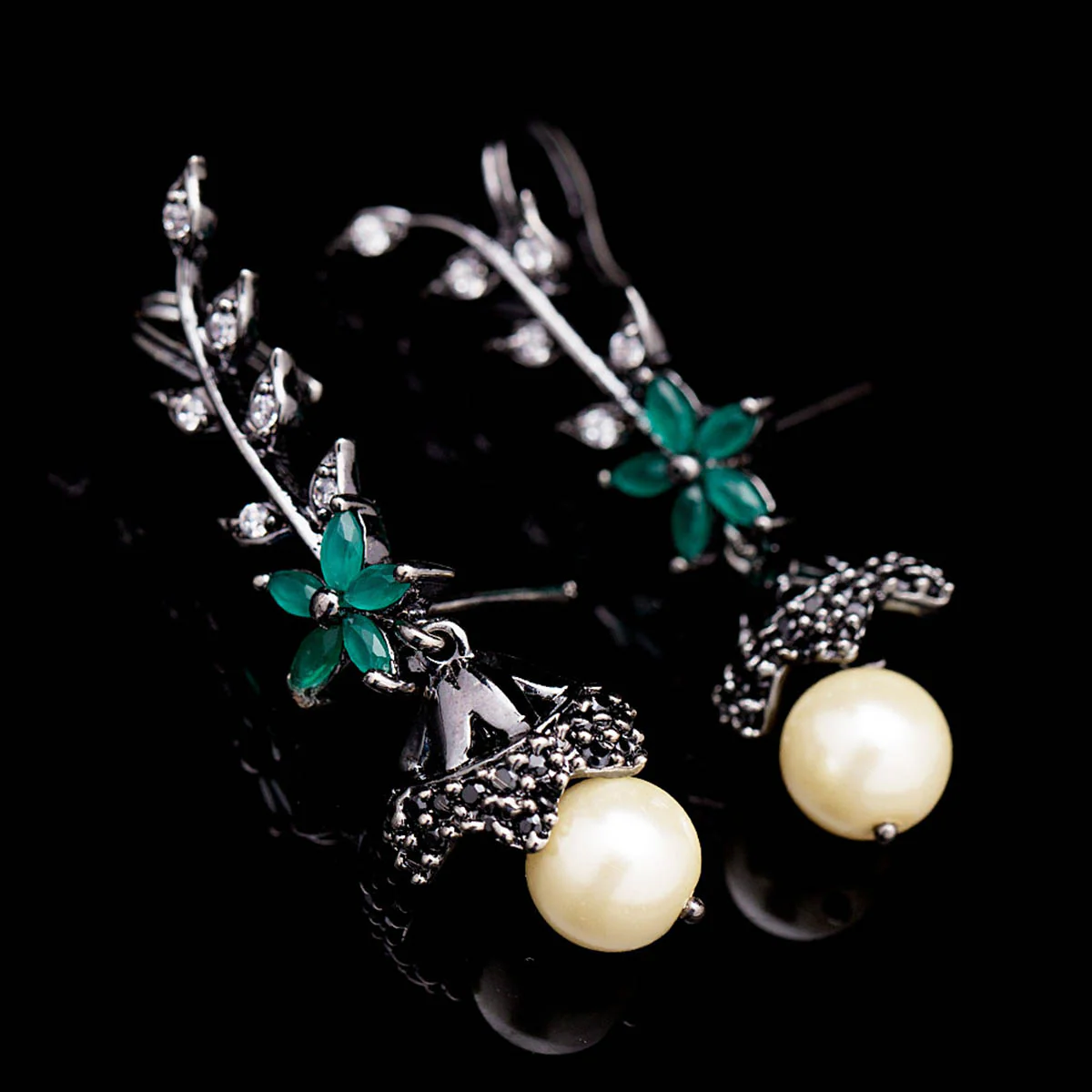 Black CZ Vine Earrings with Pearl