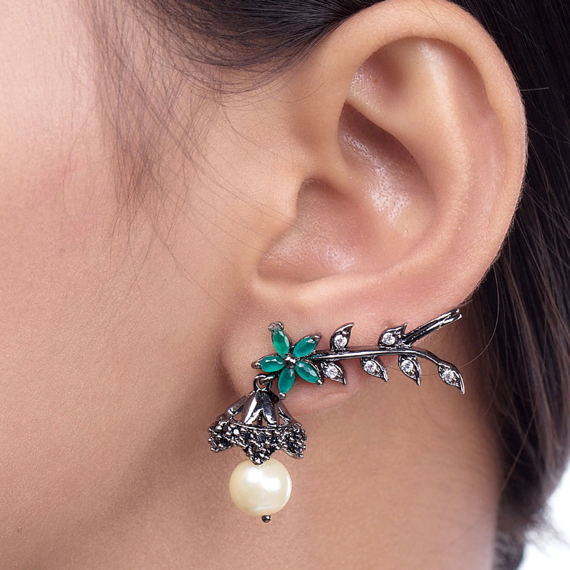 Black CZ Vine Earrings with Pearl - Image 2