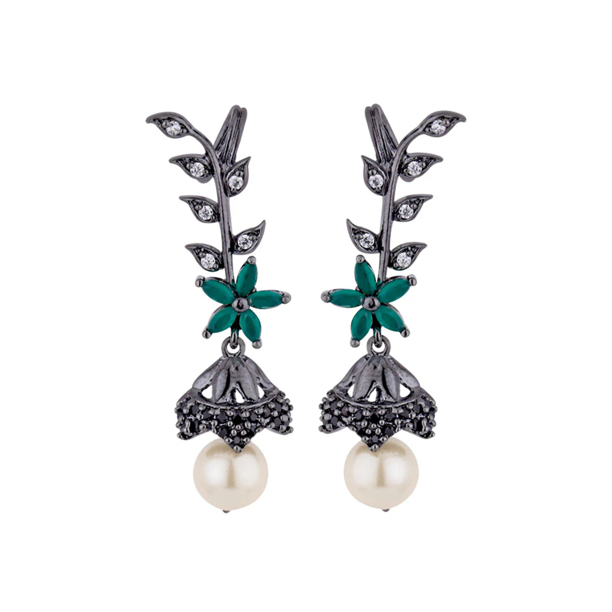 Black CZ Vine Earrings with Pearl - Image 3