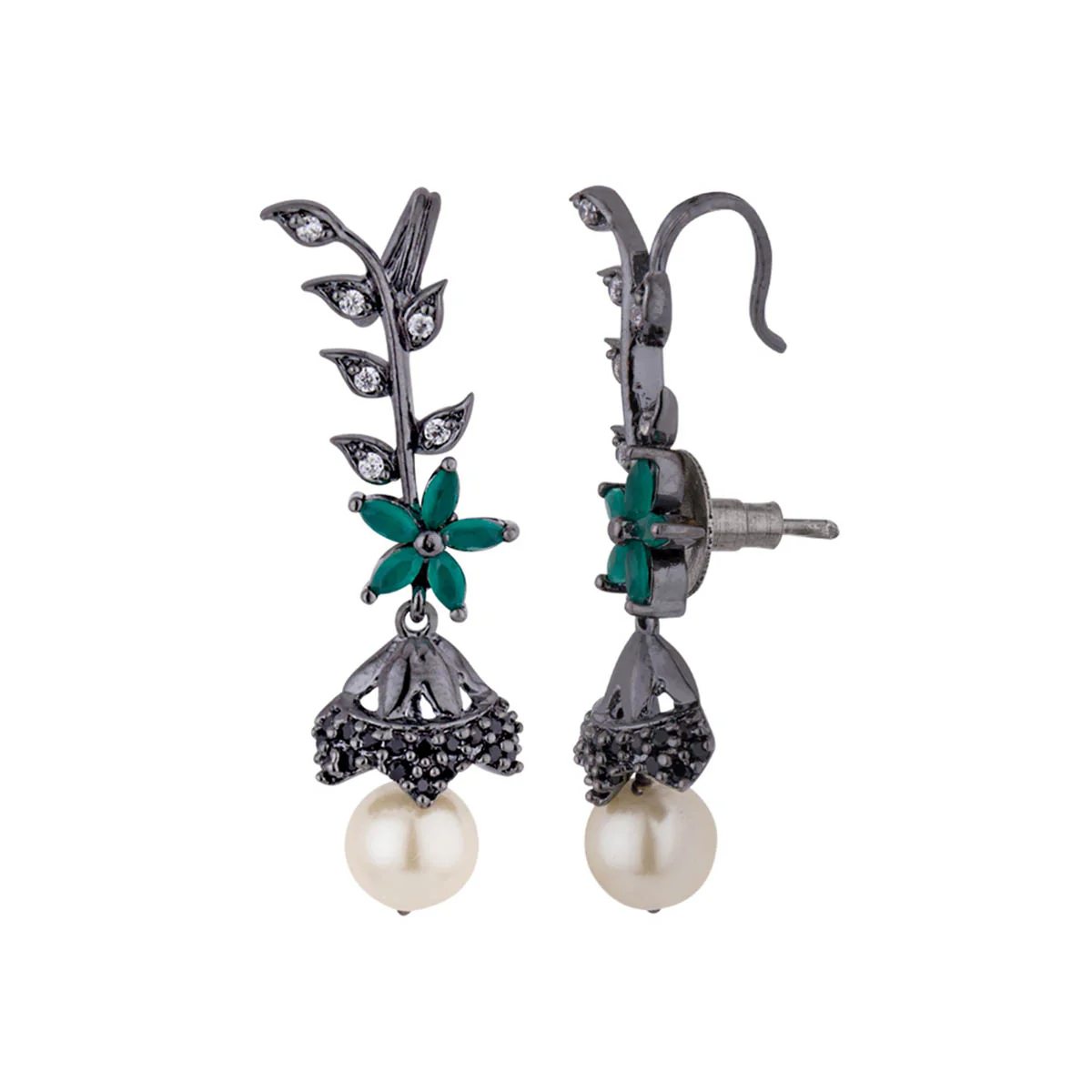 Black CZ Vine Earrings with Pearl - Image 4