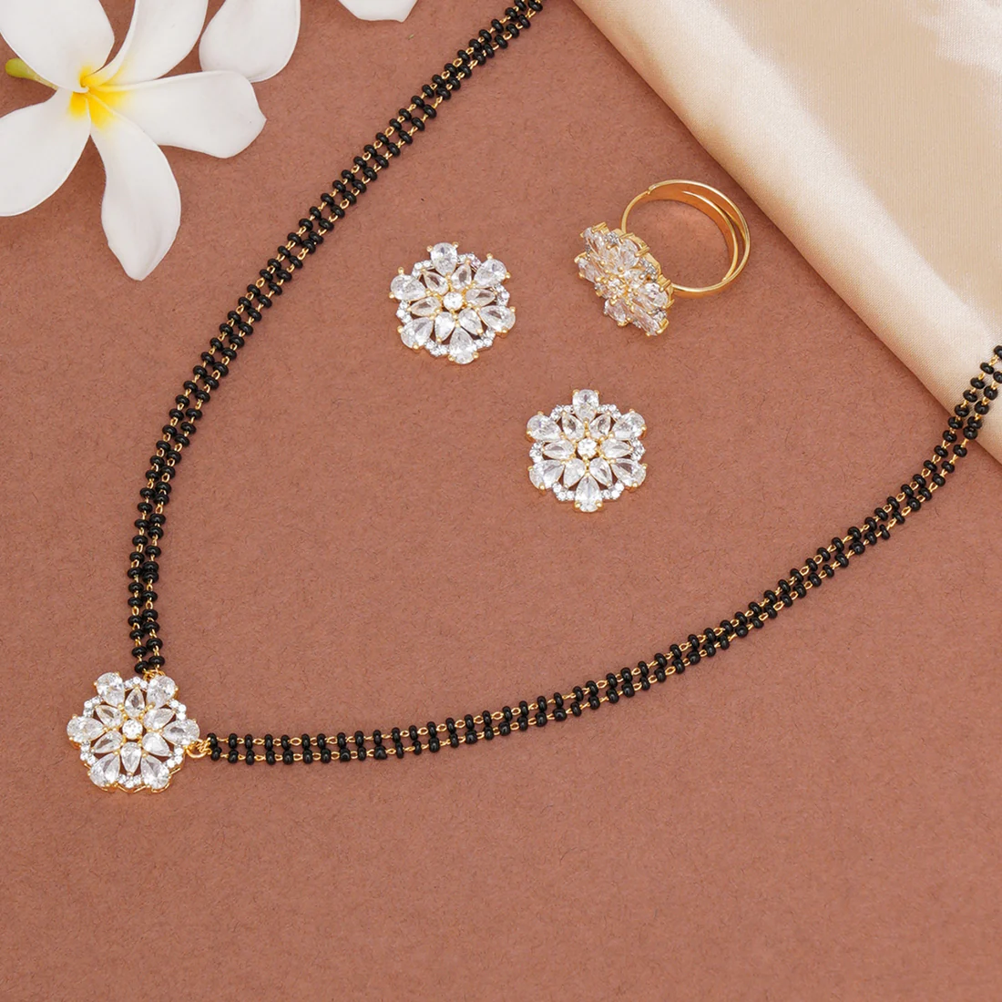 Black & Gold-Toned Zirconia Set: Mangalsutra, Earrings & Ring