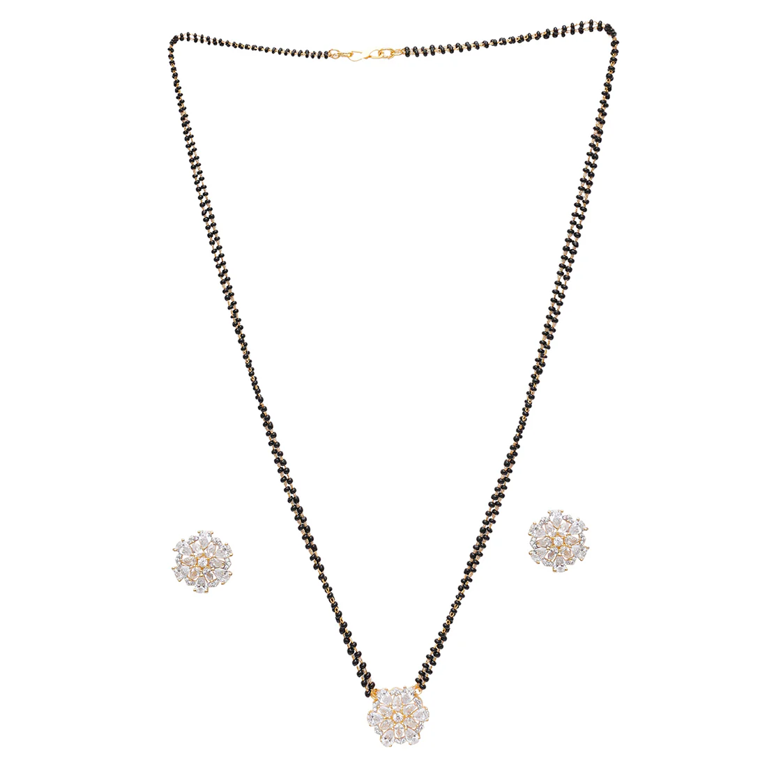 Black & Gold-Toned Zirconia Set: Mangalsutra, Earrings & Ring - Image 3