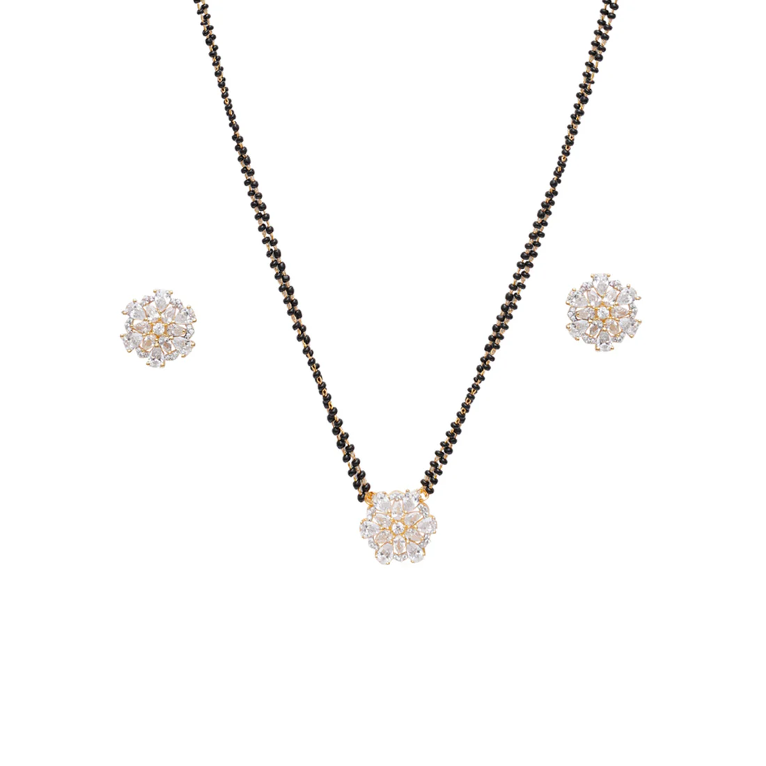 Black & Gold-Toned Zirconia Set: Mangalsutra, Earrings & Ring - Image 4