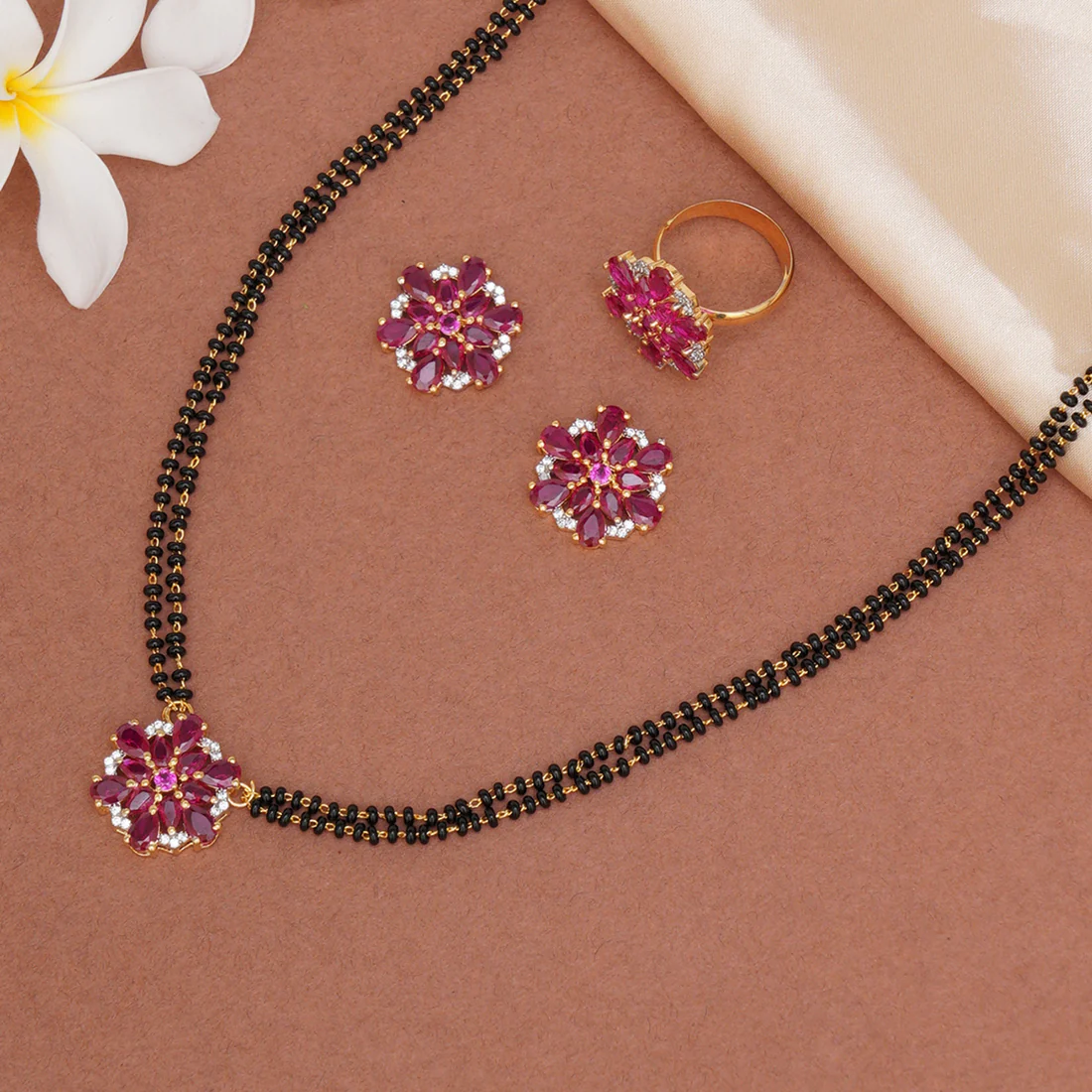 Women American Diamond Mangalsutra Set With Earrings & Ring