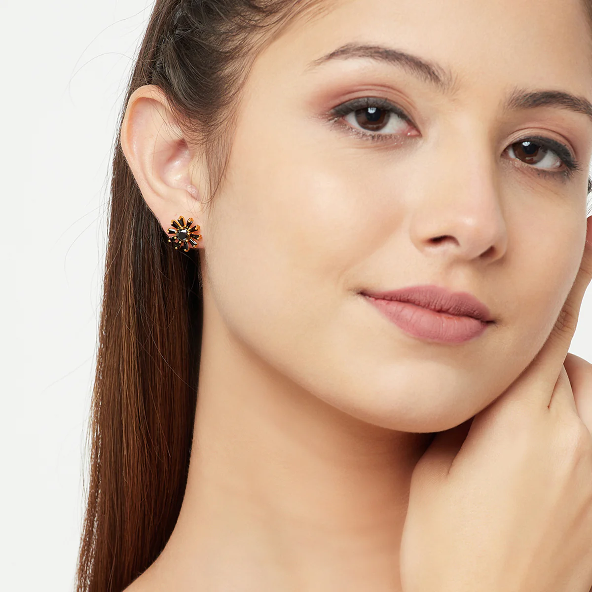 Black Stone Studded Floral Earrings - Image 2