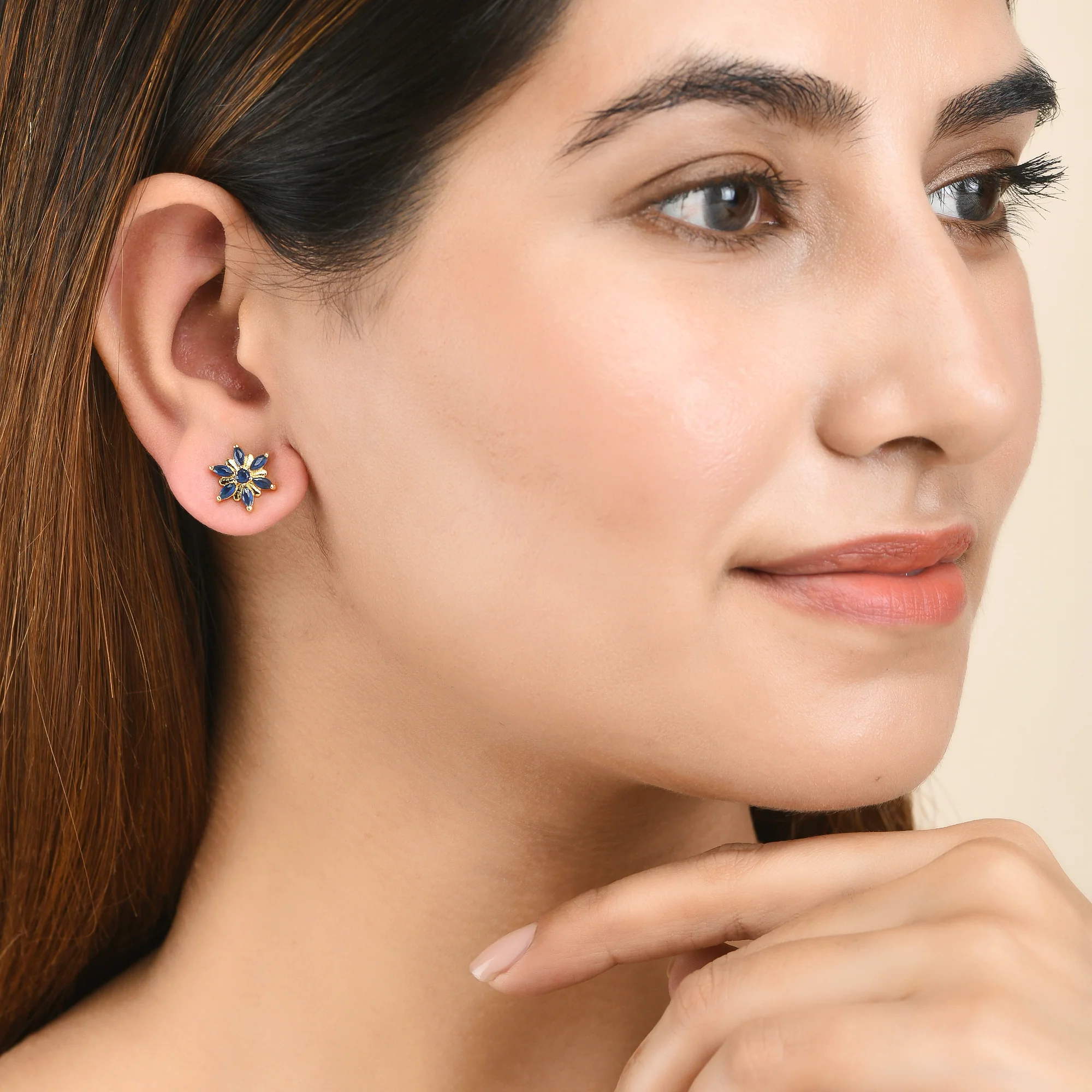 Blue CZ Gems Gold Plated Stud Earrings - Image 2