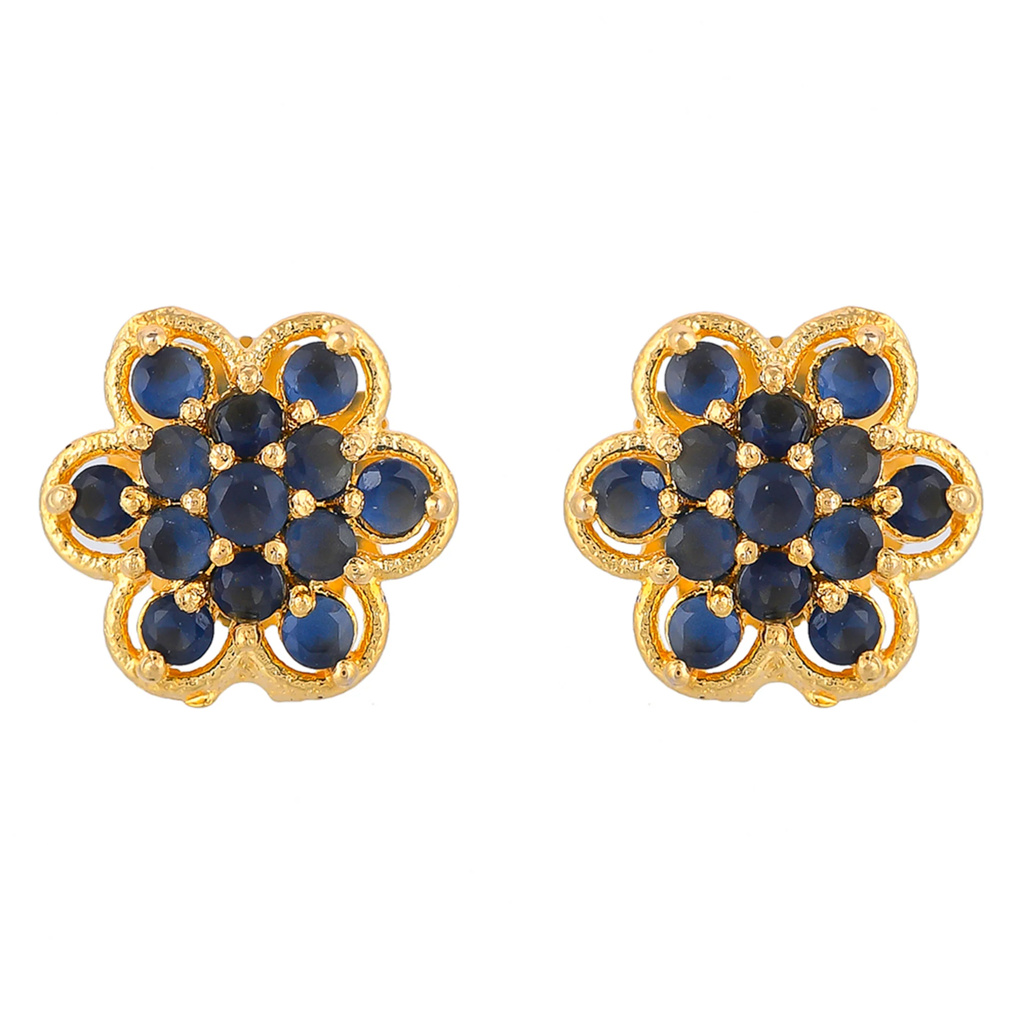 Blue Round Cut CZ Floral Stud Earrings - Image 3