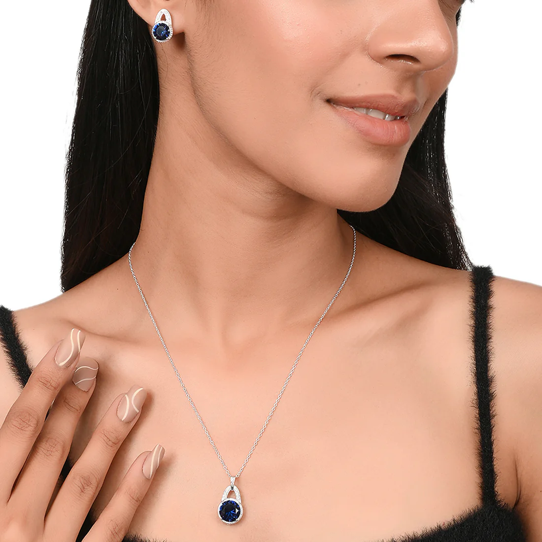 Blue Stone Adorned 925 Sterling Silver Pendant Set - Image 2