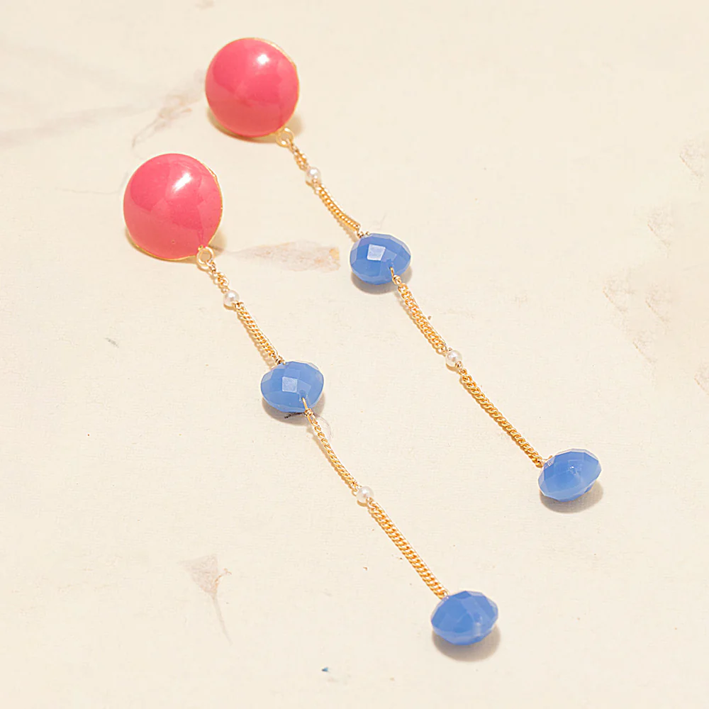 Blue Stone Decked Golden Chain Dangler Earrings