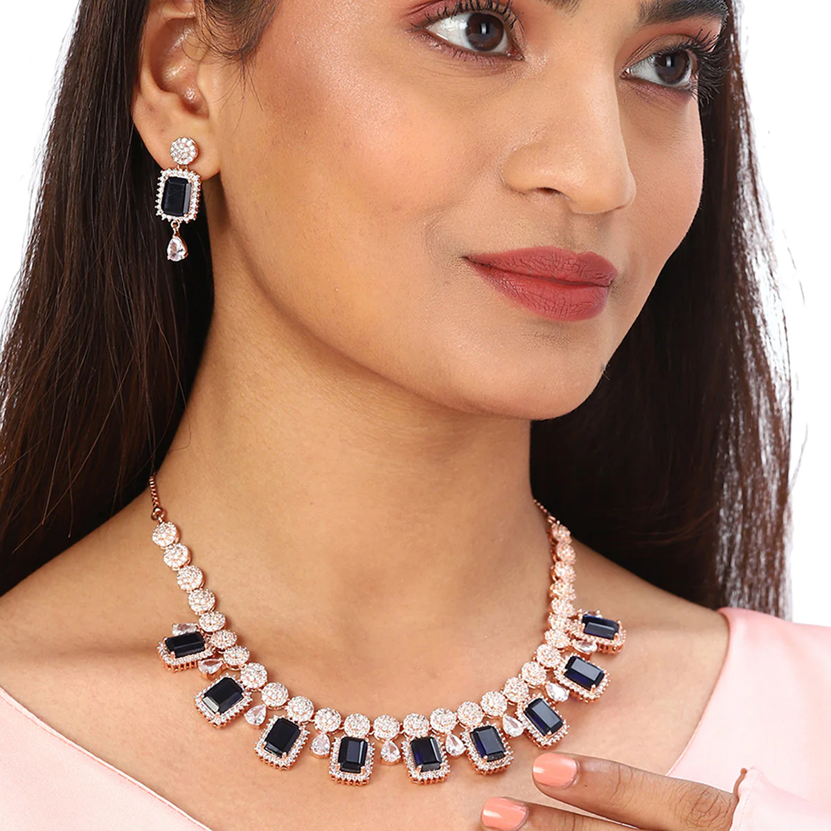 Blue Stones Rose Gold Necklace Set