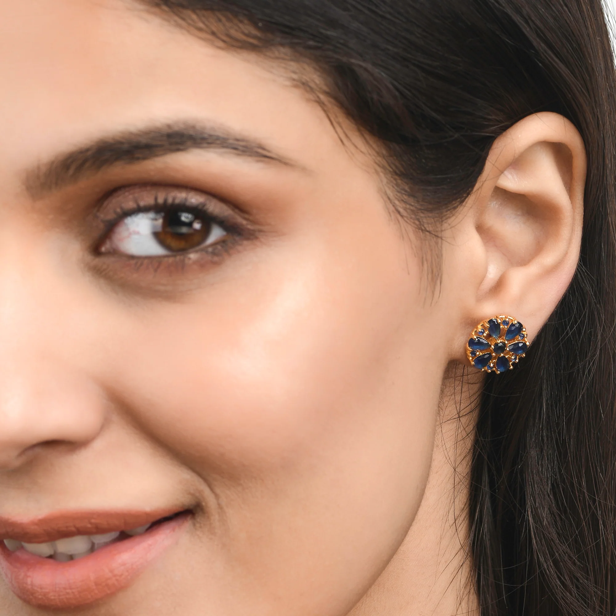 Blue Teardrop CZ Gems Gold Plated Stud Earrings - Image 2