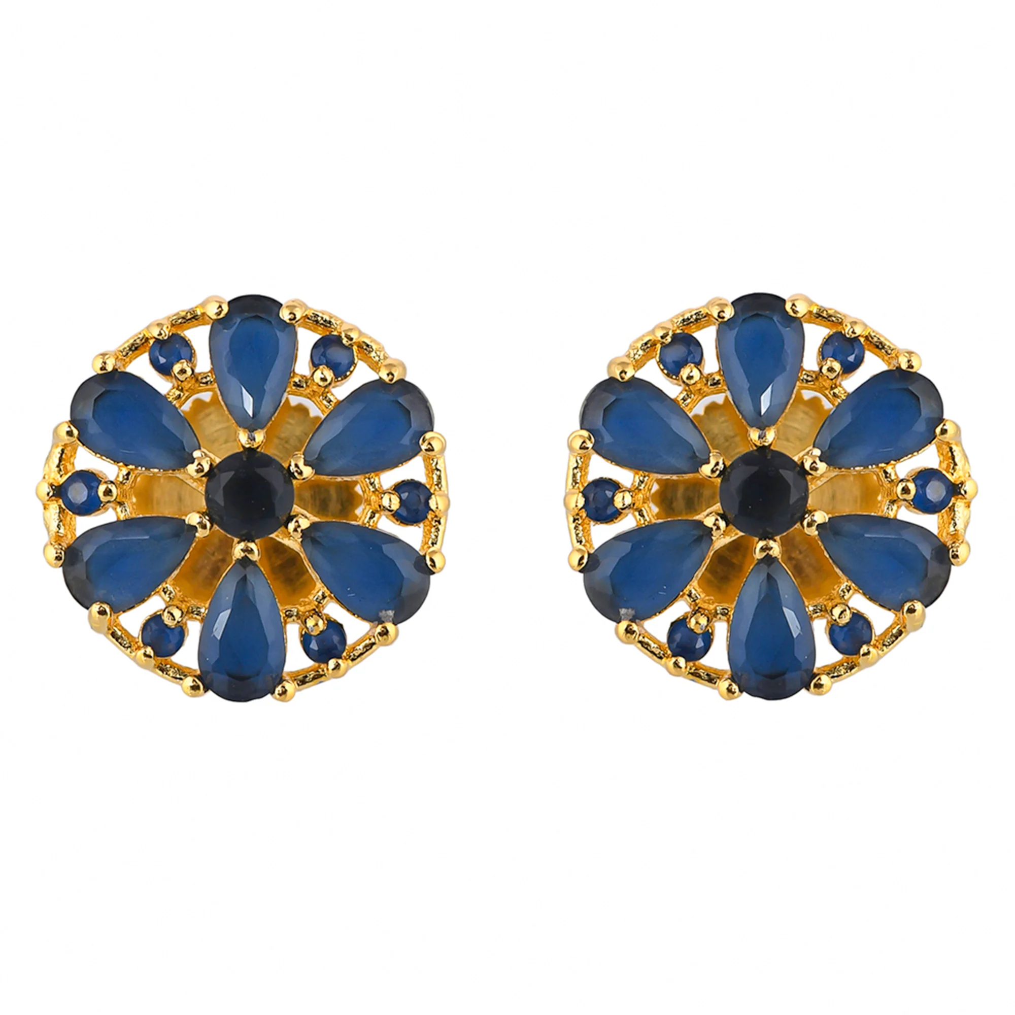Blue Teardrop CZ Gems Gold Plated Stud Earrings - Image 3