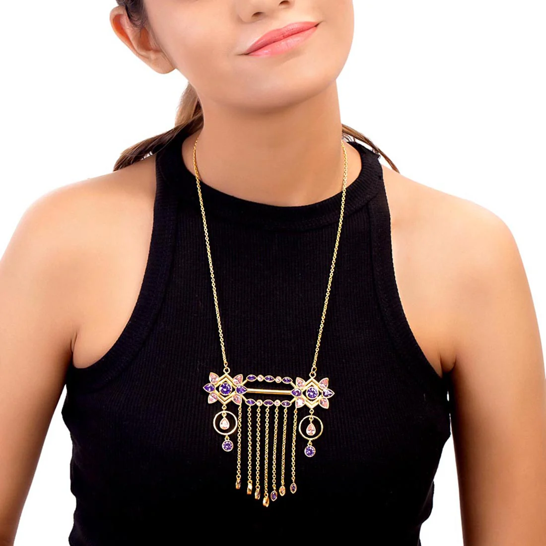 Blush Tassels Gems Studded Necklace - Image 2