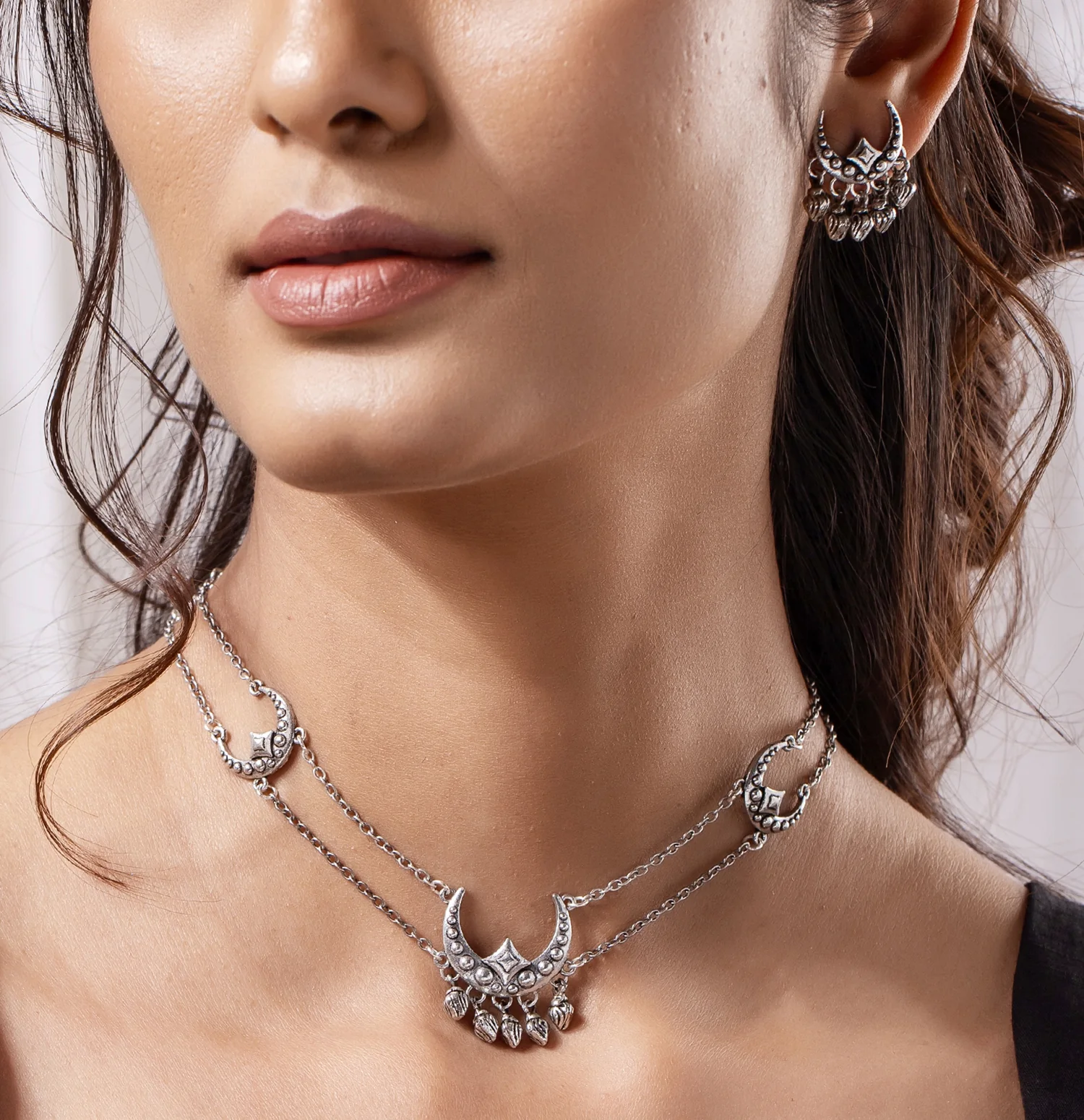 Boho Tribe Celestial Drop Oxidised Choker Necklace Set - Image 2