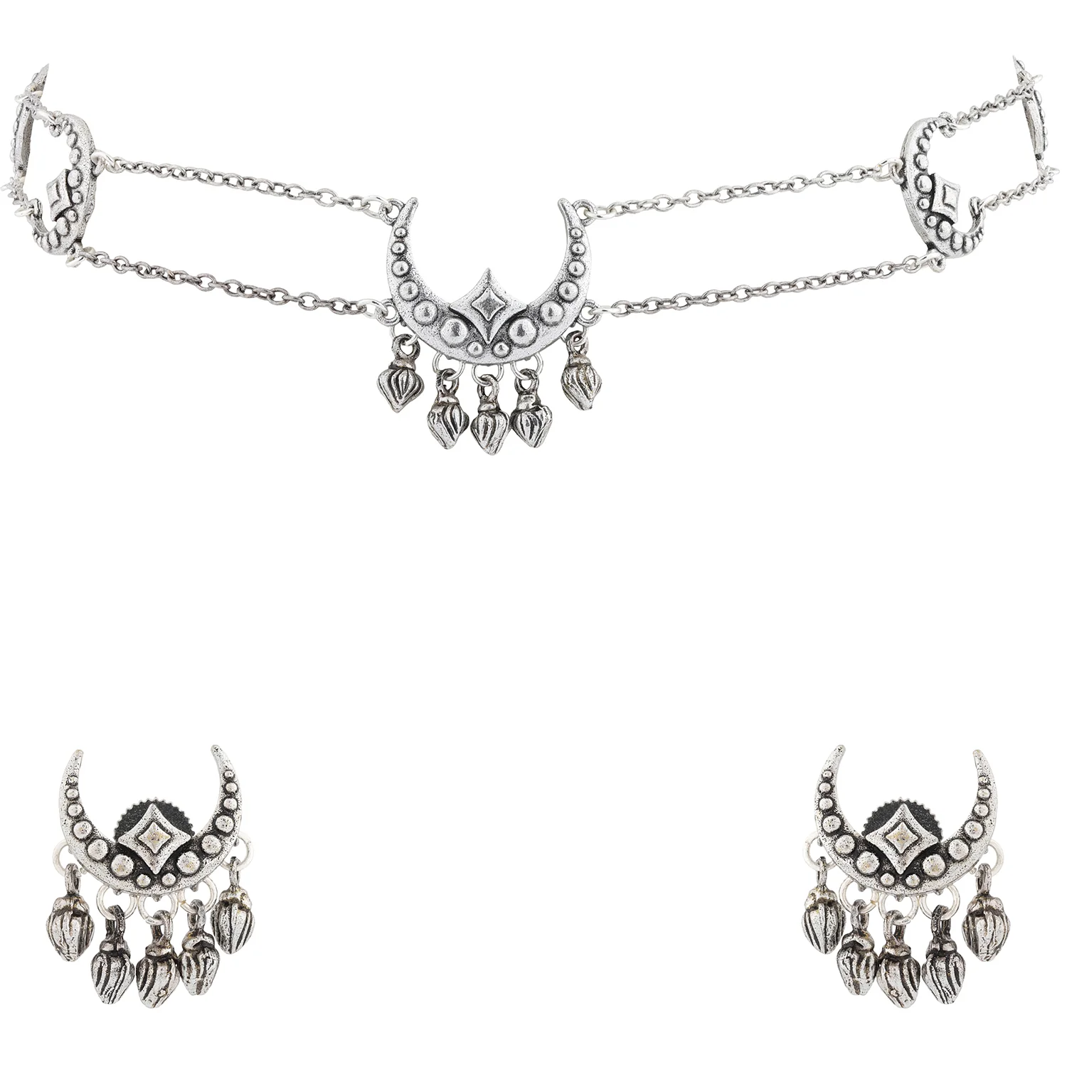 Boho Tribe Celestial Drop Oxidised Choker Necklace Set - Image 3