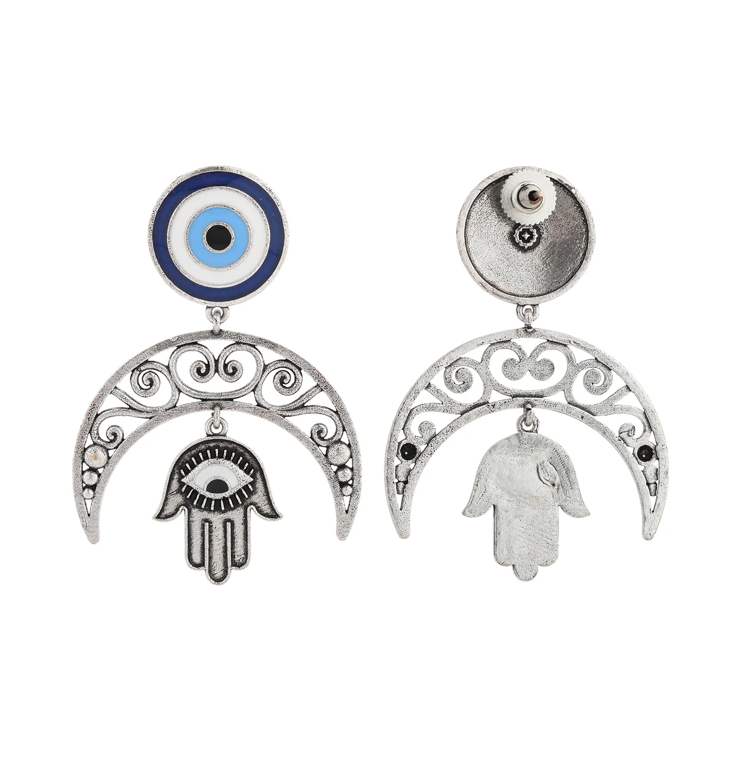 Boho Tribe Evil Eye Moon Oxidised Dangle Earrings - Image 5
