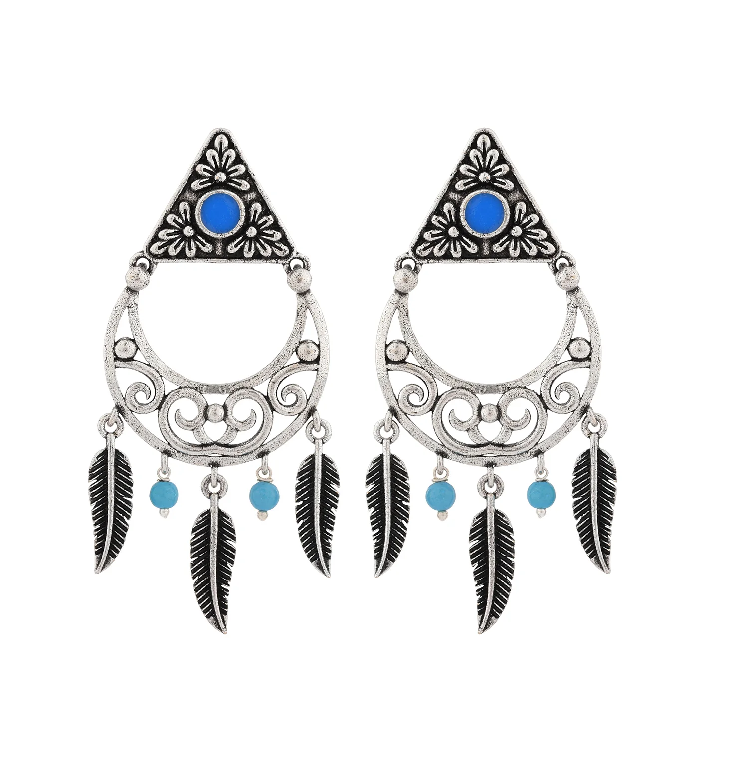 Boho Tribe Gypsy Feather Oxidised Dangle Earrings - Image 4