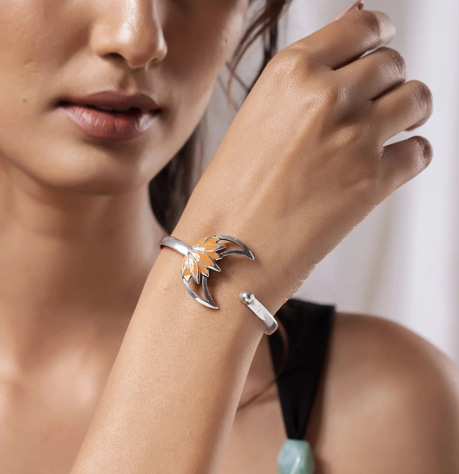 Boho Tribe Lotus Essence Oxidised Enamel Cuff Bracelet - Image 2