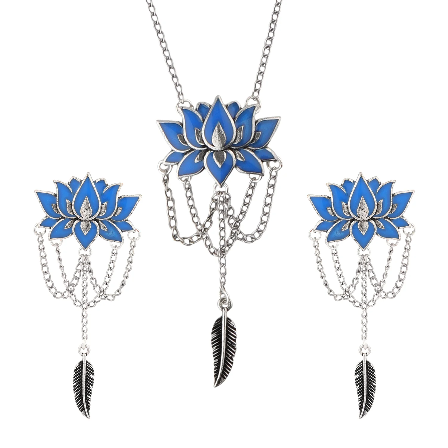 Boho Tribe Lotus Plume Oxidised Pendant Set - Image 3